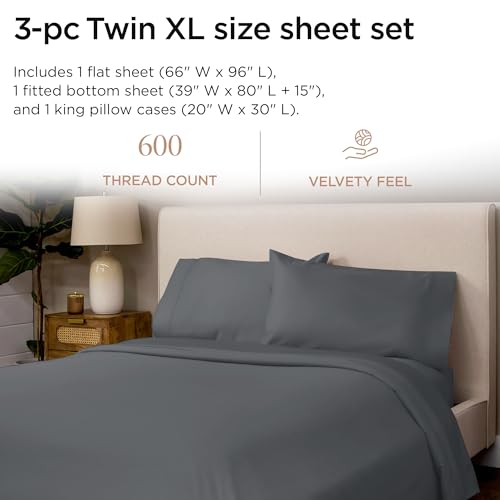 Image of Threadmill 100% Cotton Sheets for Twin XL Size Bed - 600 Thread Count Twin XL Bed Sheets Set with 15 inch Deep Pocket - Sateen Weave 3-Piece Bedding Set with Cooling Effect, Dark Grey