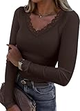 LUXVEER Langarmshirts für Damen, Spitze, V-Ausschnitt, gerippt, tailliert, elegant, Business, Freizeit, Blusen 2025, trendiges Herbst-Top, Kaffee, Mittel