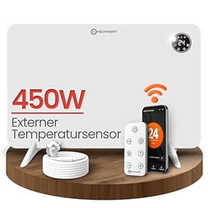 HEIMWERT Infrarot Wandheizung 450W - Sofort Wohlfühlwärme - Senkt Heizkosten enorm - Luxusausstattung mit Thermostat + App - Langlebig, Geräuschlos - 2in1 Wandmontage und Standgerät (Watt 450)