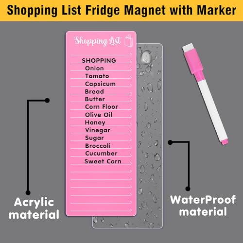 Image of Clickedin Magnetic Shopping List Grocery Fridge Magnet, 10x24 cm Acrylic Board with Marker (Pink)