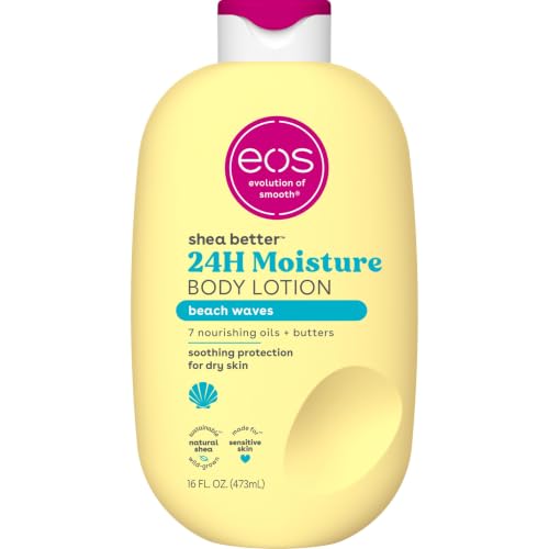 Image of eos Shea Better Body Lotion Beach Waves, 24-Hour Moisture Skin Care, Lightweight & Non-Greasy, Natural Shea Butter, Vegan, Beachy Coconut Scent, Moisturizing Body Lotion for Dry Skin, 16 fl oz