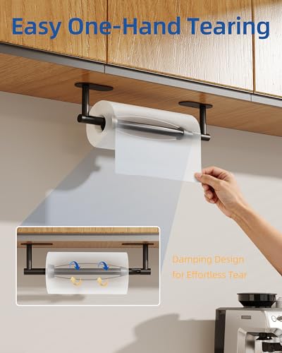 Image of RUACQ Paper Towel Holder Under Cabinet, One Hand Tearing Paper Towel Holder with Damping Effect, Wall Mount & Adhesive Stainless Steel Paper Roll Holder for Kitchen Bathroom (Matte Black)