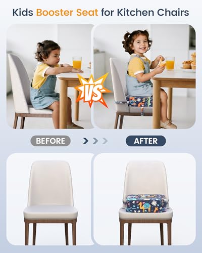 Image of Toddler Booster Seat for Dining Table and Kitchen Chair - Adjustable Safety Straps, PU Leather, Non-Slip, Easy to Clean, Portable Travel Foam Booster Cushion for Kids & Toddlers ((Blue-Animals)