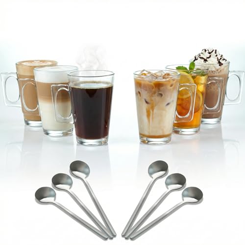 Denny International 240ml 6 Pack Glass for Hot or Cold Drinks, Latte, Cappuccino and Coffee Glass Cups Mugs with Free Spoons