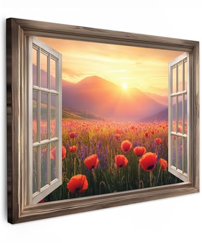 MuchoWow© Impression sur Toile Peinture 80x60 cm Tableau Mural Decoration Salon Reproductions de Tableaux Murale Moderne Vue de la Fenêtre - Coquelicots -...