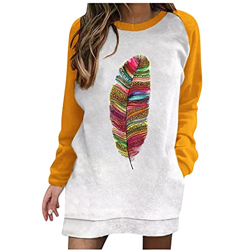 JUNLIN Little Women Maxi Dress Long Sleeve Empire Waist Puff Sleeve Polyester Henley Autumn Fall Bohemia Loose Comfortable Casual Banquet Chinese Dress Golf Maternity(Yellow,Large)