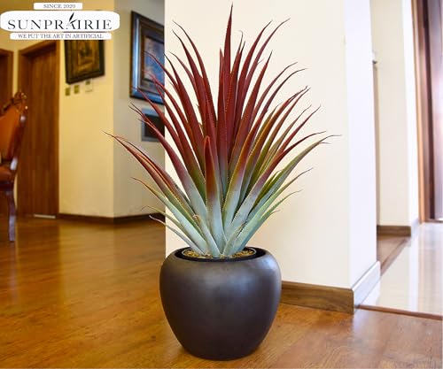 Hyper Realistic Big Red Artificial Aloe Vera Plant 26 Inches Tall. Large Faux Agave in Matte Black Pot.