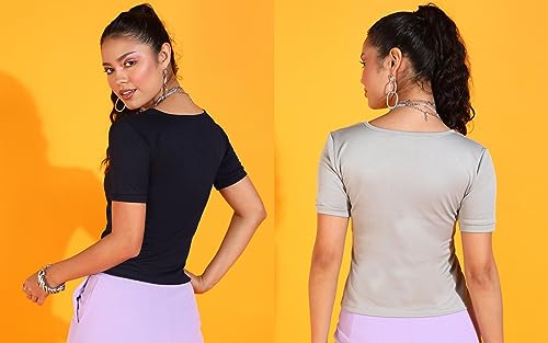Image of POPWINGS Casual Solid Square Neck Short Sleeves Summer Wear Tops Combo for Women
