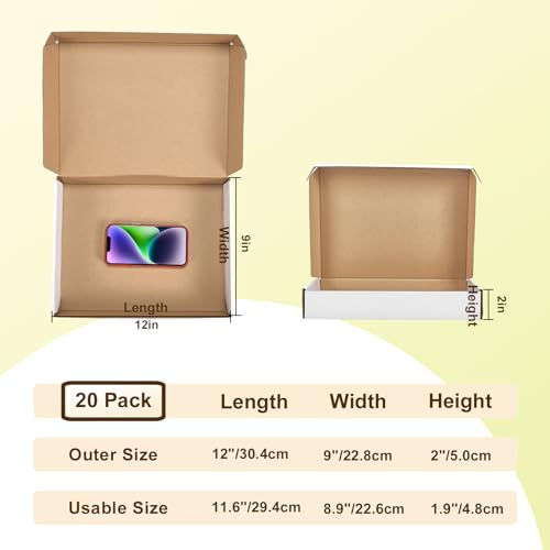 Image of WIFTREY 20 Pack 12x9x2 Shipping Boxes, White 12 x 9 x 2 Corrugated Cardboard Box for Packaging Small Business, Moving, Literature Mailing