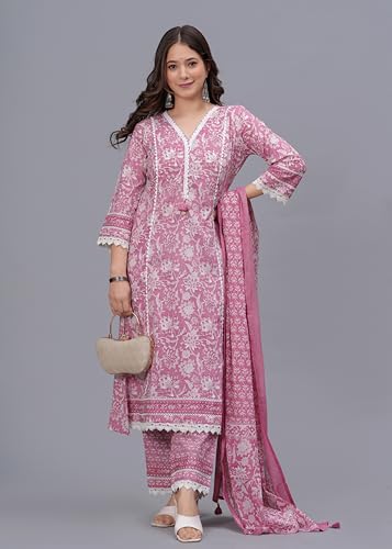 Image of Amayra Women's Pure Cotton Printed Straight Kurta Set with Palazzo Pants & Dupatta- Ethnic Wear