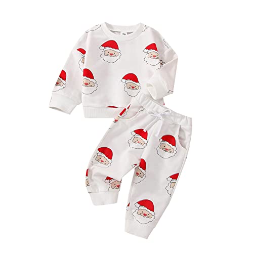 Toddler Newborn Baby Boys Girls Christmas Outfits Santa Long Sleeve Sweatshirts and Long Pants 2Pcs Clothes Set (K-White, 12-18 Months)