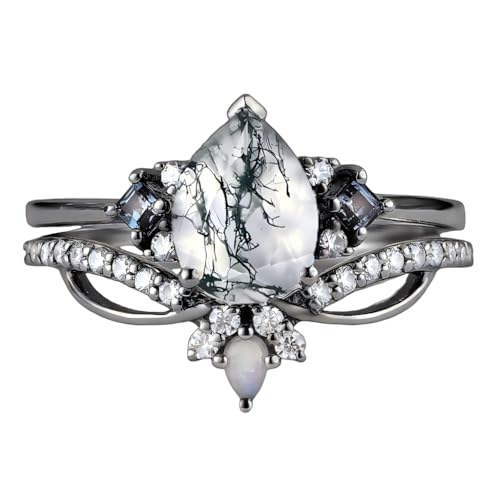Black Natural Moss Agate Ring Set for Women 925 Sterling Silver or Solid Gold Engagement Ring Moss Agate Jewelry Customizable Bridal Wedding Ring Set Optional Size 4-15