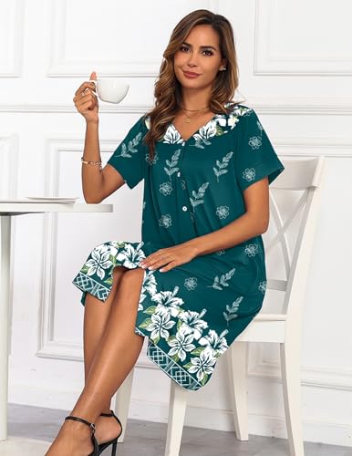 Image of Ekouaer House Dresses for Women with Pockets Button Down Nightgowns Plus Size Moo Moos Mumu Dresses Floral Print S-3XL