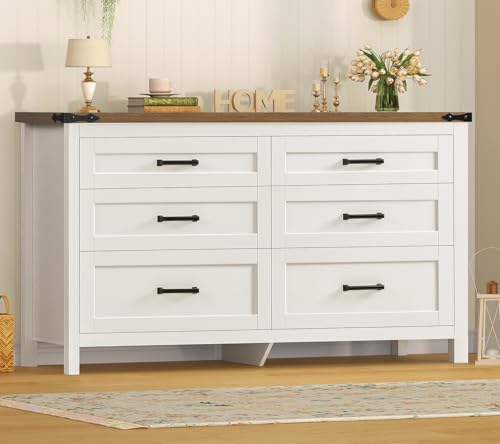 TEENFON 47.2" Dresser for Bedroom, White 6 Drawer Dresser with Metal Handles, Wood Dressers & Chests of Drawers for Closet, Farmhouse Dressers for Bedroom, Entryway, White