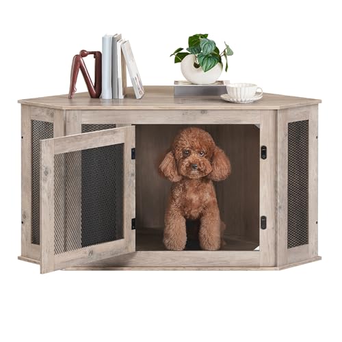 MAHANCRIS Eck Hundekäfig Möbel, Hundebox für Zuhause, im Innenbereich, 113 x 60 x 60 cm, Haustierkäfig für Kleine und Mittelgroße Hunde, Multifunktional, Vintage-Stil, Verwittertes Grau ADCHG0801