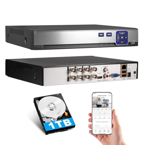 KERUI Grabadora DVR de seguridad de 8 canales, sistema DVR de 5 MP H.265+ para cámaras AHD/TVI/CVI/CVBS/XVI, acceso remoto, reproducción inteligente (con disco duro de 1 TB)