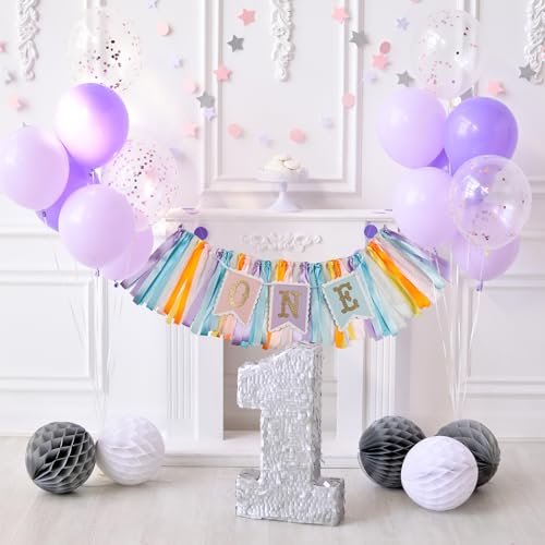 Image of Rainbow High Chair Banner for 1st Birthday - Macaron Color inchONE inch Garland with Tulle for Baby Girl Smash Cake Photo, First Birthday Party Decorations