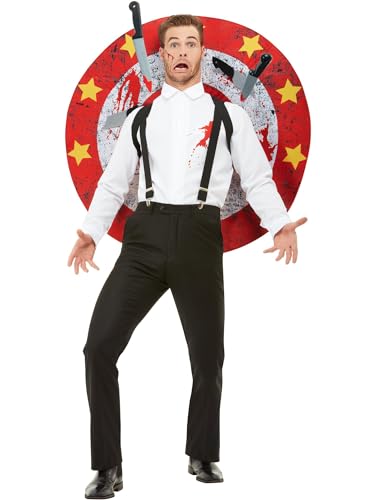 Smiffys Disfraz de lanzador de cuchillos, Deluxe, Rojo y blanco, con camisa, diana y cuchillos de velcro