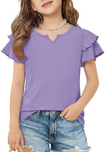 Arshiner Girl's Tunic Tops Short Sleeve Cute Flutter Ruffle Shirts Little V Neck Casual Tops Summer Plain Color Purple 7-8 Years