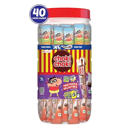 Image of Choki Choki XL Chocolate Paste Sticks Jar 360g (40 x 9g) | Extra Long Choco Milk Squeezy Tubes | Kids Snack with Free Puzzle Collectible | Vegetarian CHOKI CHOKI (Pack of 1)