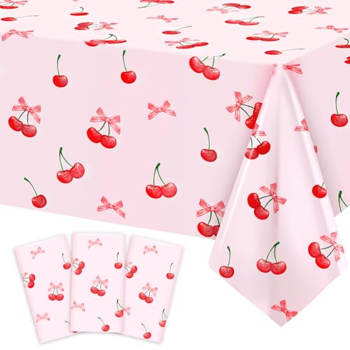 3pcs Cherry Birthday Decorations Tablecloths, Large Size Cherry and Bows Birthday Decorations Table Cloth for Cherry Themed Party, 54 x 108 Inch