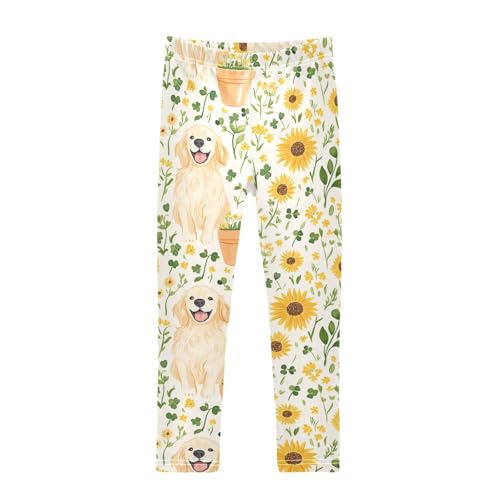 Dog with Sunflowers Girls Leggings,Workout Leggings for Girls Toddler Athletic Leggings Size for 3-10T
