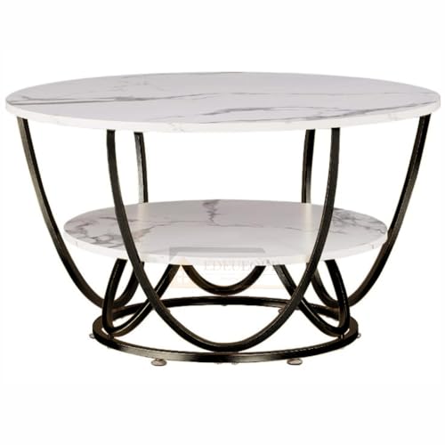 Image of Round Coffee Tables Accent Center Table Sofa Side Tea Table with 2-Tier Storage for Living Room Office Desk Balcony Wood Desktop and Metal Legs (Black and White)