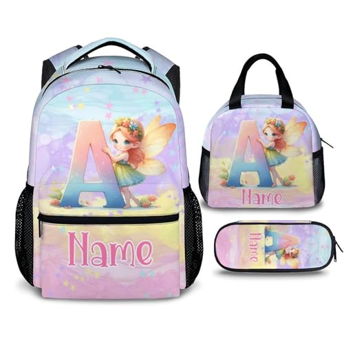 Custom Kids Backpacks, 3 in 1 Fairy School Backpack Set for Girls Students, Personalized Monogram Bookbag with Lunchbag Matching Combo for Preschool Elementary, Back to School Supplies