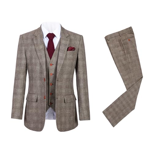 Men Wool Tweed Checked Suit 3 Piece Wedding Party Blazer Vest Pants