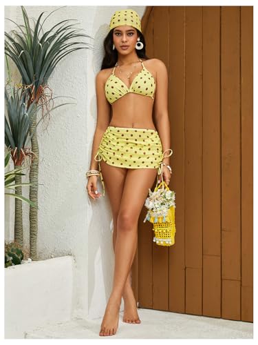 Image of RoseSeek Women's 4 Piece Polka Dots Bathing Suits Cover Up Skirt & Bandana