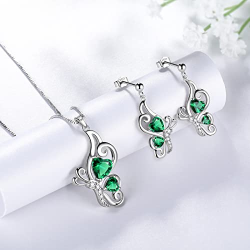 Green Butterfly Heart Jewellery Sets Women 925 Sterling Silver Animal Butterflies May Created Emerald Birthstone Emerald Necklace/Earring Set Crystal Wedding Birthday Jewelry Ds0099G #TOP1