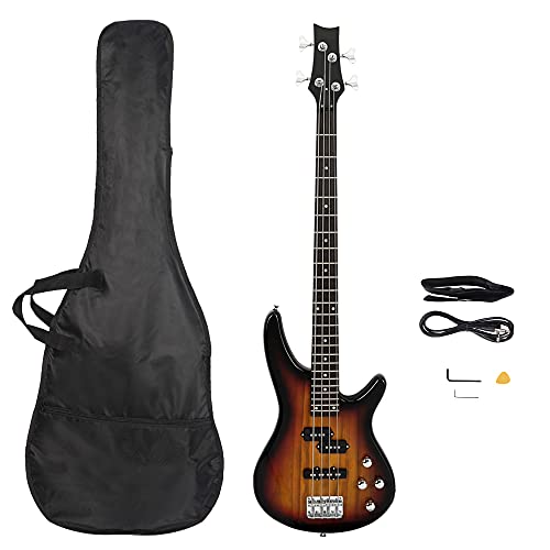 Bonnlo Electric Bass Guitar 4-String for Beginner Right Hand with Shoulder Strap Wrench Tool Power Line and Bag (Sunset)