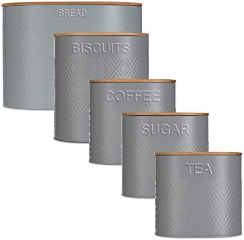 LIVIVO 5pc Oval Kitchen Storage Set With Airtight Bamboo Lids Includes Tea Coffee Sugar With Matching Biscuit Barrel Canister Jar & Stylish Bread Bin  Diamond Embossed Design Matt Finish (Grey)