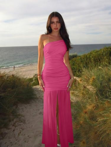 Image of LAGSHIAN Women's Elegant Formal Long Dress One Shoulder Sleeveless Ruched Bodycon Evening Dress