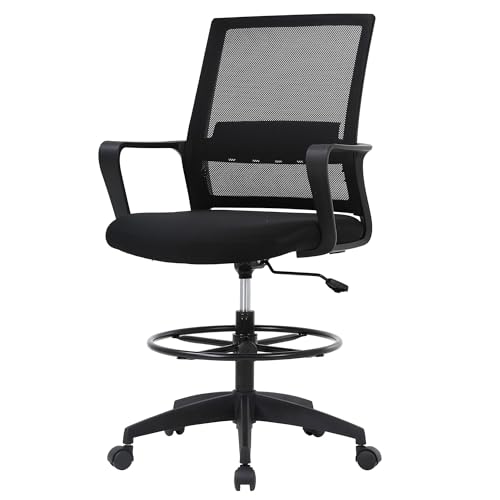 Pazidom Ergonomic Drafting Chair, Tall Office Chair with Flip-up Armrests, Breathable Mesh High Desk Chair with Lumbar Support Adjustable Footrest Ring for Standing Desk, Black