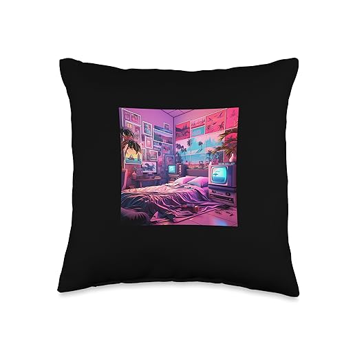 Vaporwave Aesthetic Anime Co Vaperwave Aesthetic Glitch Anime Retrowave Synthwave Throw Pillow, 16x16, Multicolor