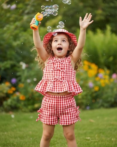 SODLON Toddler Girl Clothes 18-24 Months Baby Ruffle Sleeveless Tank Top Red Gingham Bowknot Shorts Sets with Hat Cute Infant Gifts Vintage Summer Outfits Clothing