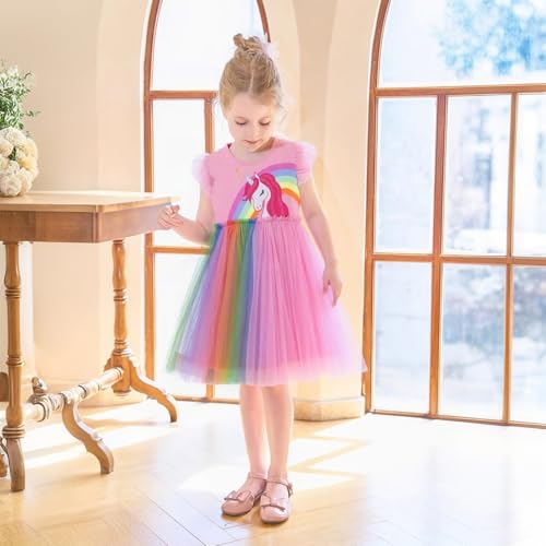 HILEELANG Toddler Girls Rainbow Cotton Tulle Dress Summer Princess Party Unicorn Dress with Flutter Sleeves2