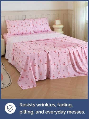 Image of Kids Full Size Ballerina Bed Sheets - 4 Piece Kids Ballerina Sheet Set - Ballet Dance Bedding - Ultra-Soft, Cute & Cozy - Breathable & Machine Washable - Pink Bed Set for Boys, Girls, Teens & Toddlers