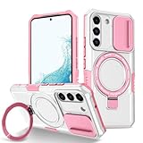 Yarxiawin Phone Case for Samsung S22 with Ring Stand Magnetic Black fits Wireless Charger, Camera Lens Protector Cover for Samsung Galaxy S22 Case Shockproof Anti-Slip (Pink White)