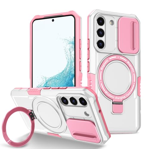 Yarxiawin Phone Case for Samsung S22 with Ring Stand Magnetic Black fits Wireless Charger, Camera Lens Protector Cover for Samsung Galaxy S22 Case Shockproof Anti-Slip (Pink White)