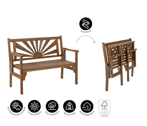 Dehner Gartenbank Sunshine, Klappbank 2-Sitzer, ca. 120 x 91 x 59 cm, FSC®-zertifiziertes Akazienholz, naturbelassen