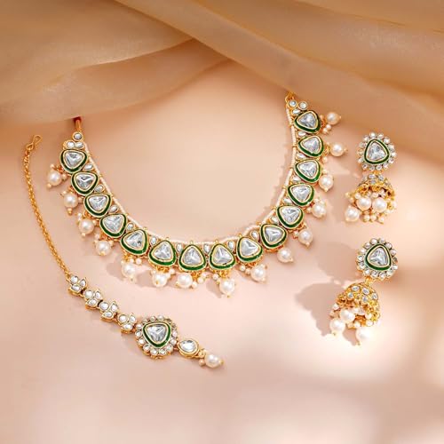 Image of Rubans Necklace Maangtikka Set Gold Plated Kundan & Pearl Jewellery Gift for Women & Girls