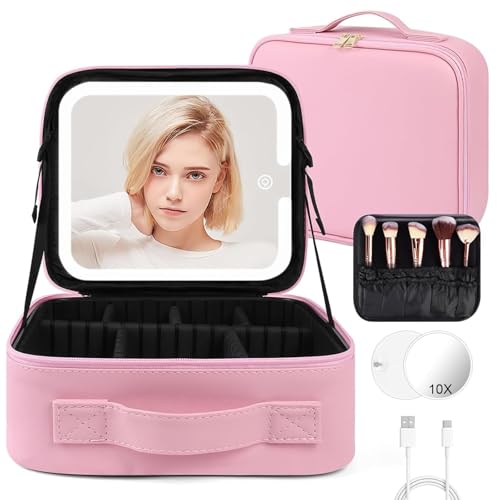 OSDUE Beauty Case da Viaggio Donna,23 x 26 cm Borsa Cosmetica con Specchio 3 Colori LED Porta Trucchi Borsa Organizer Professionale Grande Capacità con Regolabile Scomparti(Rosa)
