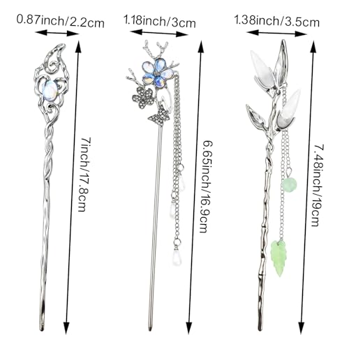 6PCS Star Moon Hair Sticks for Buns Long Hair Chinese Hanfu Asian Vintage Hair Chopsticks Metal Silver Hair Bun Updo Holders Long Hairpins for Women Girls - Image 3