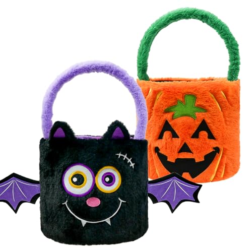 Image of Dia 7.9 inch * H 15.7 inch, Plush Halloween Baskets Trick or Treat Bags Halloween Candy Bucket, Gift Bucket for Party Favor Supplies (2Pcs-Pumpkin&Black Bat)