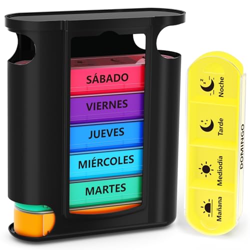 Opret Pastillero Semanal 4 Tomas Español, Pastillero Diario Grande 7 Dias, Dosificador de Comprimidos con 28 Compartimentos, Organizador de Pastillas para Viaje
