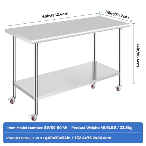 Image of OSTBA Stainless Steel Table for Prep & Work 30x60 Inches with Casters Wheels, NSF Metal Commercial Heavy Duty Table with Adjustable Undershelf for Restaurant Kitchen Home and Hotel