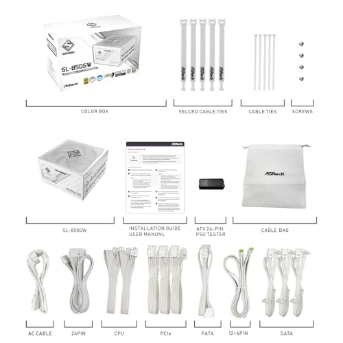 Image of ASRock Steel Legend White Edition SL-850GW 850W ATX 3.1 PCle 5.1 Full Modular 10 Years Warranty 135 mm FDB Fan iCOOL Intelligent Power Supply 80 Plus Gold Cybenetics Platinum 12V-2x6 Cable