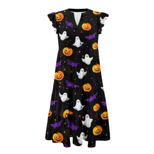 Image of Womens Summer Dress Ruffle Sleeve V Neck Dress Casual Fit Flowy Beach Vacation Sundress with Pocket S-2XL